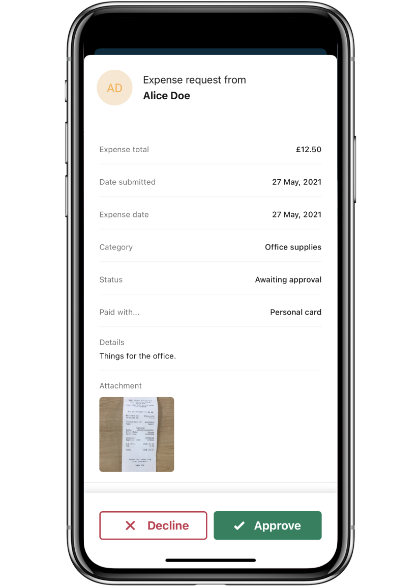 An example expense claim in the Sage HR mobile app